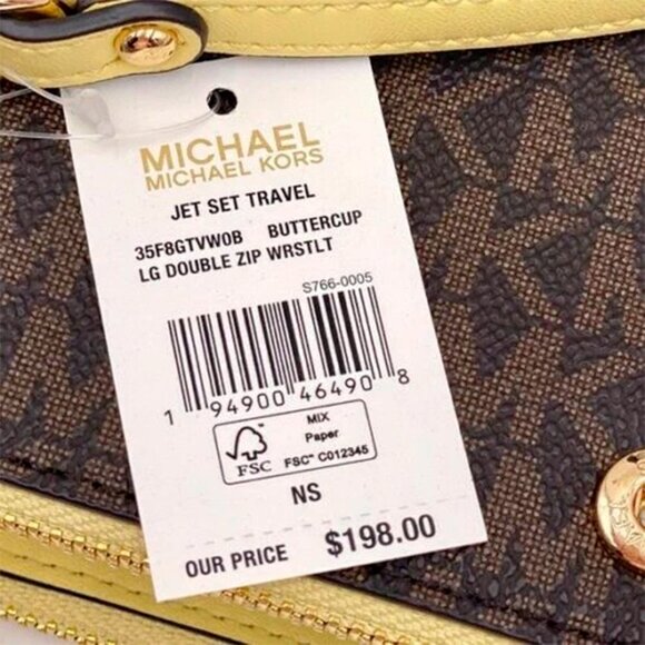 S Michael Kors Jet Set Signature Double-Zip Wristlet Brown Yellow NWT $198 - Picture 8 of 9